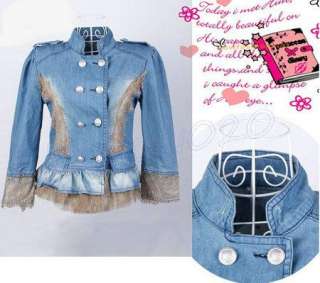 Fashion LACE Women Band Collar Double breasted Jean Coat Jacket 0124 
