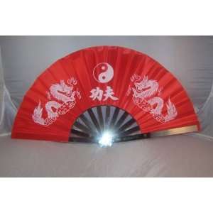  Red Oriental Nylon Fan with Dragon and Yin Yang 