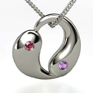  Yin Yang Heart, Sterling Silver Necklace with Rhodolite 
