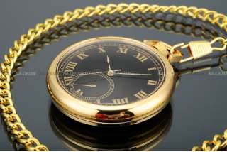   Gold Case Black Dial Pendant Pocket Chain Quartz Watch Fob Gift  