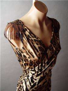 BEADED Fringe Leopard Print Faux Wrap Mini fp Dress M  