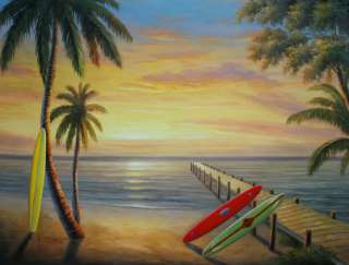 Tropical Ocean Sunset Sandy Beach Surfboards Palm Tree 36X48 Oil 