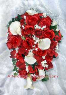 Apple RED Ivory or White CALLA LILIES ROSES BRIDAL Bouquet Silk 