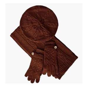  Chocolate Brown Cable Knit Beret Hat Scarf & Glove Set 