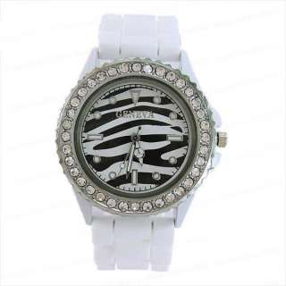 Zebra Animal Stripe Face Soft Silcone Crystal Wrist Watch Unisex Multi 