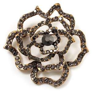   Stunning Jet Black Crystal Rose Brooch (Antique Gold Finish) Jewelry