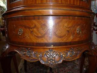 ANTIQUE 30s LOUIS XV INLAY CARVED CURVED CURIO CABINET  
