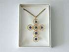 Beautiful Vintage Religious Cross Necklace w/ BLUE RHINESTONES in Gift 