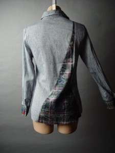 Chambray Indie Western Country Patchwork Plaid Cotton Button Down Top 