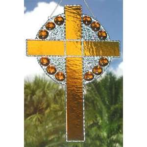  Gold Cross Stained Glass Suncatcher w/ Glass Nuggets