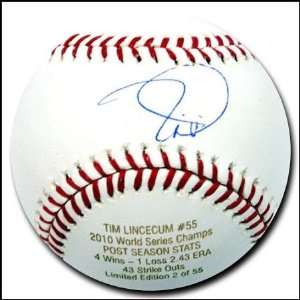com Autographed Tim Lincecum Baseball   with 2010 WS Champs w STATS 