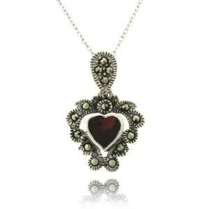    Sterling Silver Red Stone Marcasite Trim Heart Pendant Jewelry