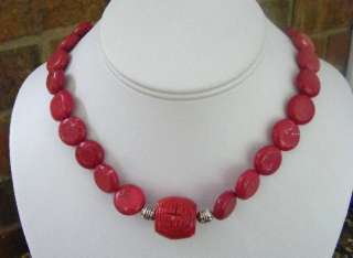 HANDMADE RED TURQUOISE & CARVED CORAL BEADED NECKLACE  