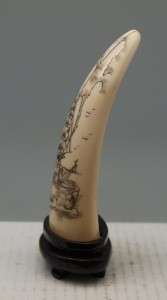  Bone Scrimshaw Carving   Hand Carved   Ships & Whales   Signed  