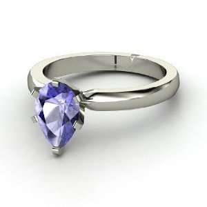  Pear Solitaire Ring, Pear Tanzanite 14K White Gold Ring 