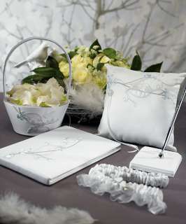 Wedding White Love Bird Guest Book, Pen, Ring Pillow, Flower basket 
