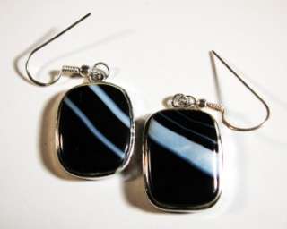 MEXICAN ONYX BANDED AGATE SS DANGLE EARRINGS 1 7/8  