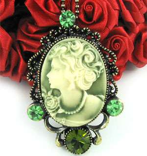 Antique Style Emerald Green Cameo Pin Pendant Necklace  