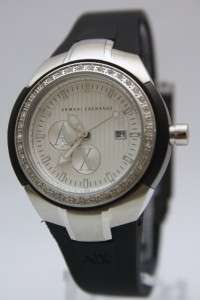 New Armani Exchange Women Date Crystal Black Rubber Band Watch AX5053 