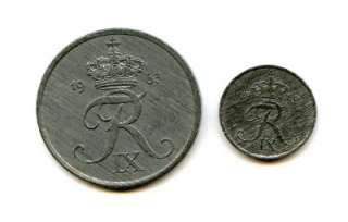 1960 63 Denmark 1 & 5 Ore 2 Coins Zinc L  