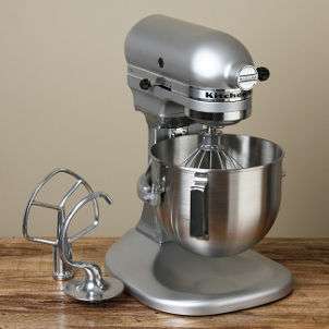 Silver kitchen mixer that includes dough hook and beater