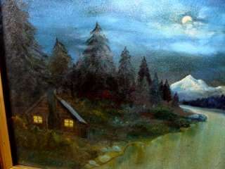 1800S BLUE LARGE ANTIQUE CABIN MOONLIGHT OIL PAINTING  