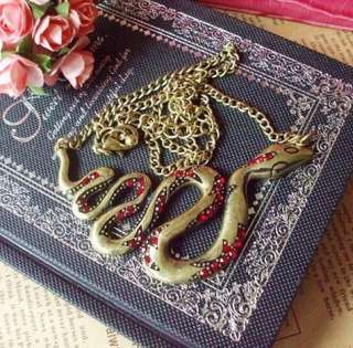 Vintage Brass Red Rhinestone Studded Snake Pendant Chain Necklace 