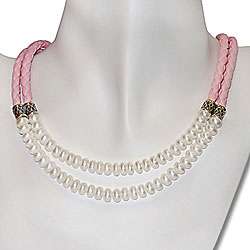   Pearl and Pink Leather 2 row Necklace (7 7.5 mm)  