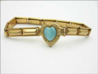 LIGHT BLUE HEART Expansion BRACELET Vintage Goldtone Costume Jewelry 