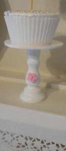 Shabby cottage Chic white pink rose individual wood cupcake stand 