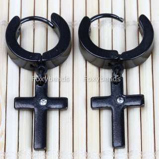 Pair Black Stainless Steel Cross Mens Earring Ear Stud  