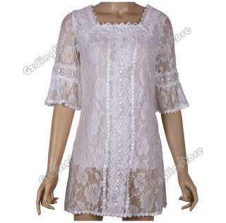 Short Sleeve Square Neck Crochet Lace Mini Dress #114  