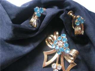 CORO Signed Brooch & Earrings Set Bow +Turquoise Stones  