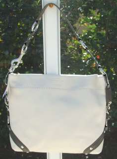 COACH OFF WHITE & GRAY PEBBLED LEATHER CARLY SHOULDER HOBO HANDBAG NEW 