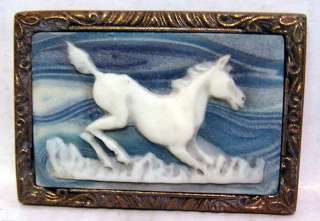 Navy Incolay Stone Belt Buckle COLT HORSE CAMEO, approx. 3 wide .