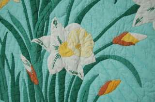  Vintage Green & Yellow Daffodil Applique Hand Stitched Antique Quilt