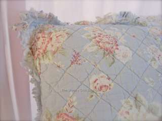 Throw Toss Bed Pillow Cottage Country Blue Rag Shabby Pink & Red Roses 