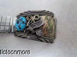   SIGNED SQUASH BLOSSOM TURQUOISE VERMIEL SILVER WATCH BAND TIPS  