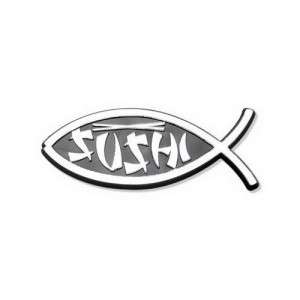 Silver Tone Molded Plastic SUSHI Darwin Fish Car Emblem  