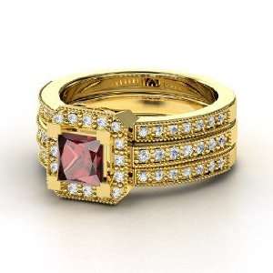 Va Voom Ring, Princess Red Garnet 14K Yellow Gold Ring with Diamond