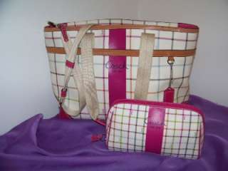 COACH HERITAGE TATTERSALL LARGE TOTE / DIAPERBAG 14792 W/ MAKEUP CASE 