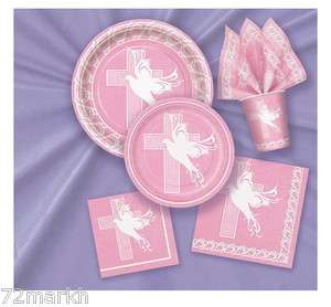   COMMUNION GIRL PINK PARTYWARE tablecover cups plates napkins  