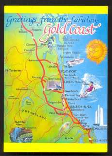 Map postcard Gold Coast Queensland Australia stamp  