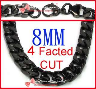 Mens 8MM Black Stainless Steel 4 Facted Cuban Curb Necklace Chain Gift 