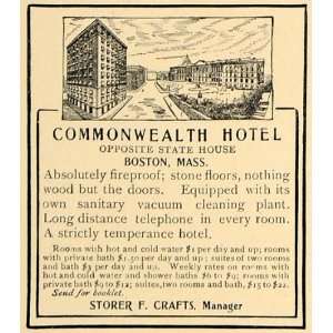  1907 Ad Commonwealth Hotel Boston Tourism Vacuum Crafts 