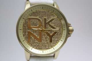 New DKNY Women Gold Crystals White Leather Watch NY4810  