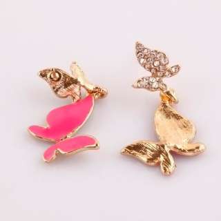  Hot Pink Enamel Butterfly Crystal Dangle Gold Plated Charm Earrings 