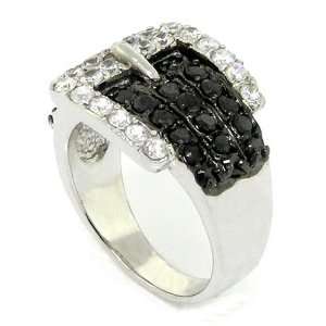 Sterling Silver Charming Buckle Cocktail Ring w/Black & White CZs Size 