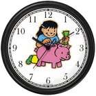 watchbuddy girl with piggy bank pig animal wall clock by