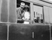 1909 photo of aviator Louis Blriot with wife on train  
